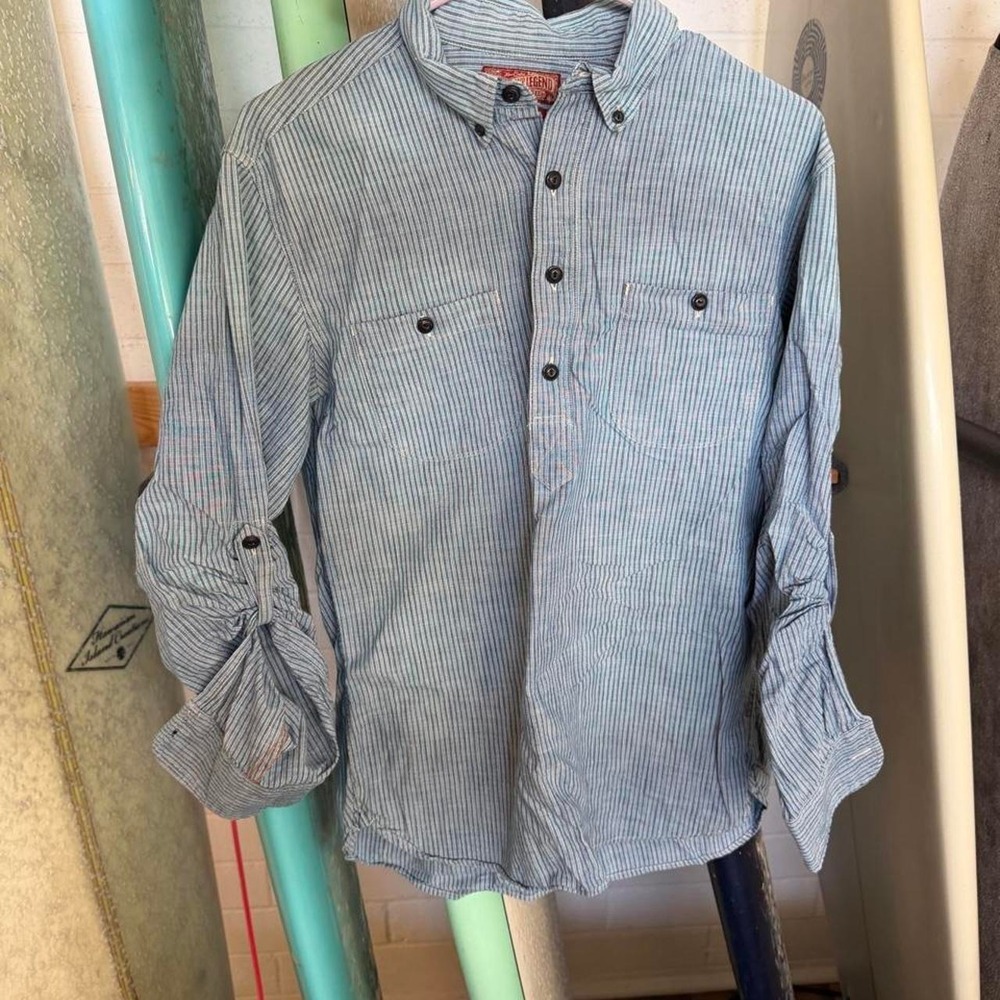 Lucky Legend Blue White Striped Button Up Shirt Roll Tab Sleeve Medium